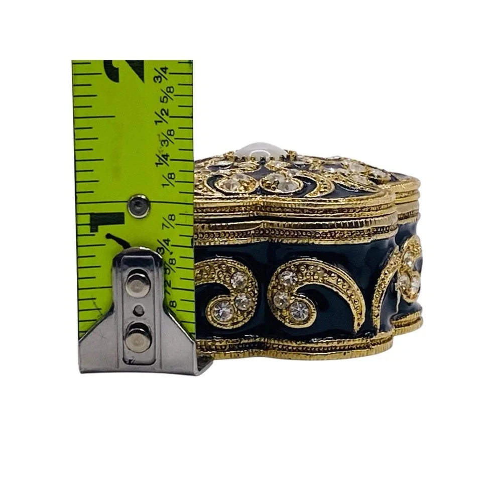 Vintage Swirled Enameled Metal Jeweled Trinket Pill Lidded Box Gold Black Beige